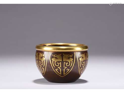 A GOLD-INLAID BRONZE 'DRAGON' BOWL