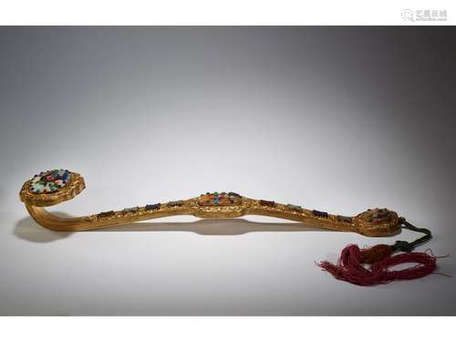 A GILT-BRONZE GEMS MOTHER-OF-PEARL INLAID RUYI SCEPTER