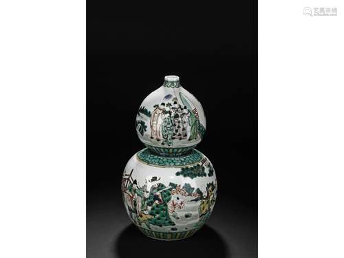 A DOUCAI GLAZED FIGURES DOUBLE GOURD VASE