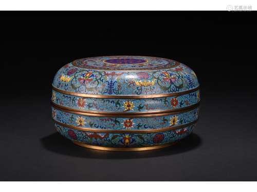 A CIRCULAR CLOISONNE ENAMEL BOX AND COVER