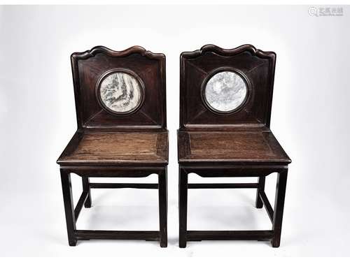 A PAIR OF HARDWOOD CHAIR INSET WITH MARBLE