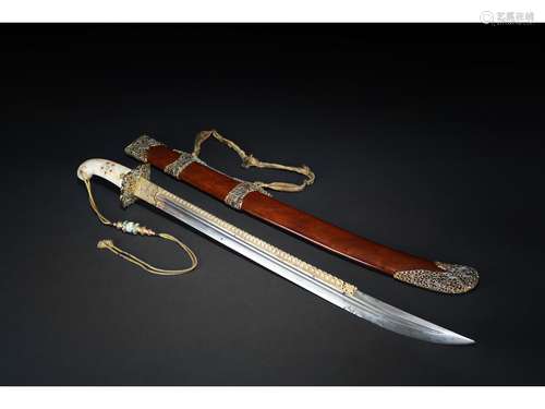 A MARBLE HANDLE AND GEMS DECORATED SWORD