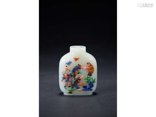 A WHITE JADE EMBELLISHED SNUFF BOTTLE