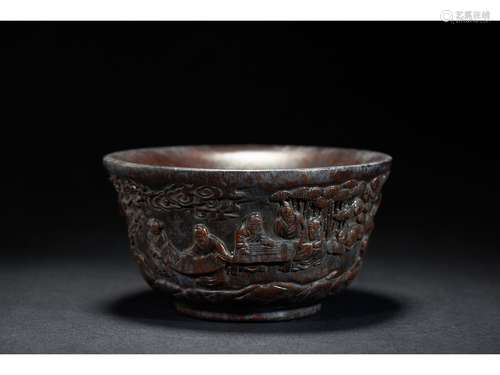 A HORN CARVED 'FIGURES AND LANDSCAPE' BOWL