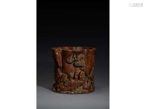 AN AGARWOOD 'GATHERING OF LITERATI' BRUSHPOT