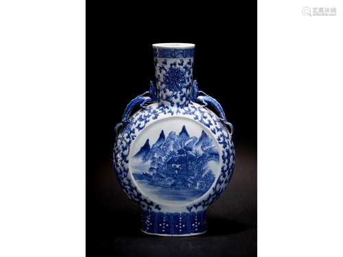 A BLUE AND WHITE 'LANDSCAPE' MOON FLASK VASES