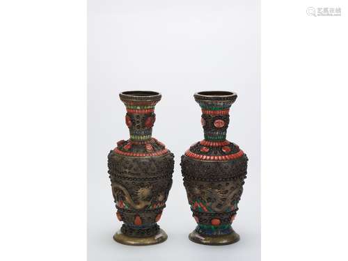 A PAIR OF BRONZE 'DRAGON' GEMS-INLAID VASES