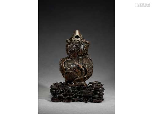 A BRONZE 'GRAPE VINE' DOUBLE GOURD CENSER