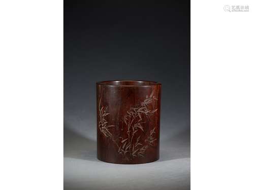 A ZITAN 'BAMBOO AND INSCRIPTION' BRUSHPOT