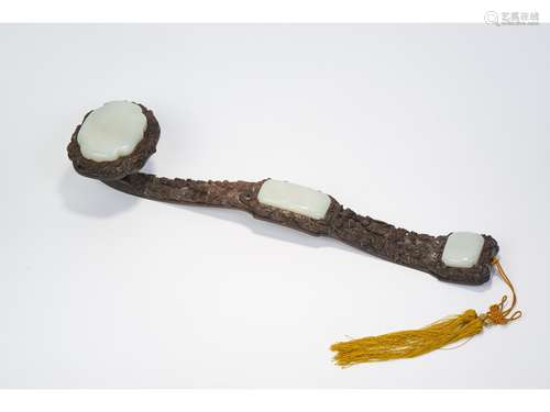 A HARDWOOD WHITE JADE EMBELLISHED RUYI SCEPTER