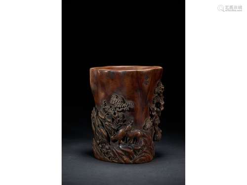 AN AGARWOOD CARVED 'CRANE AND DEER' BRUSHPOT