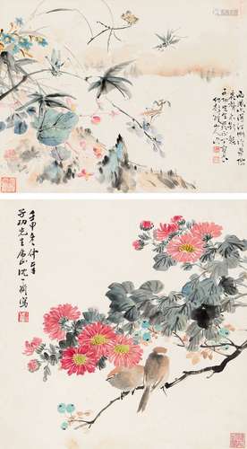 壬申（1932年）作 秋虫 花鸟 立轴（双挖） 设色纸本 丁宝书沈一斋