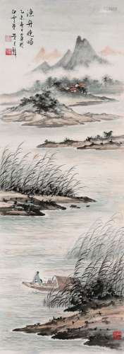 乙未（1955年）作 渔舟晚唱 镜框 设色纸本 黄君璧