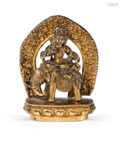 PETITE STATUETTE DE SAMANTABHADRA EN BRONZE DORÉ TIBET, XIXème SIÈCLE