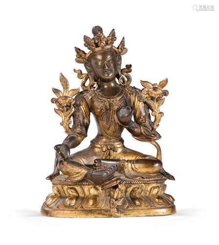 STATUETTE DE BODHISATTVA (TARA VERTE) EN BRONZE PARTIELLEMENT DORÉ SINO-TIBÉTAIN XVIIIème SIÈCLE