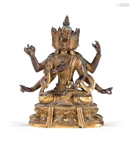 STATUETTE D'AVALOKITESVARA EN BRONZE DORÉ SINO-TIBÉTAIN XVIIIème SIÈCLE