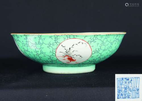 18世纪 绿松石釉樊红墨彩四面开光花鸟纹碗