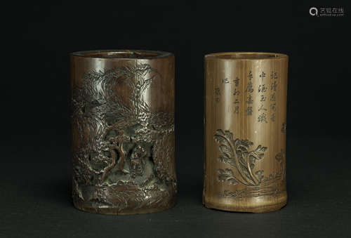 Qing - Two Bamboo Carved Brush Pots