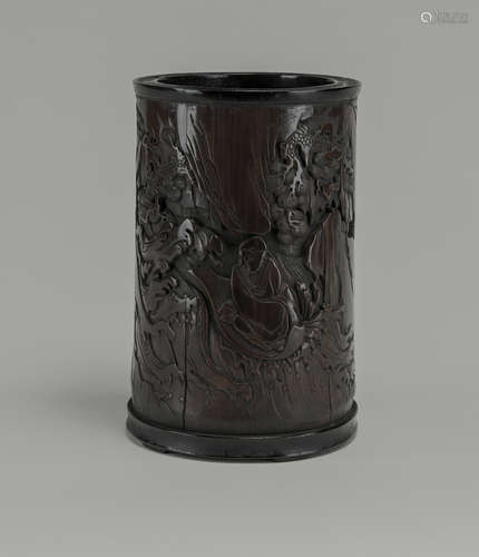 Qing - A Beautiful Bamboo Carved ‘Bodhidharma’ Brush Pot