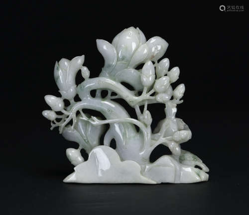 Republic - A Jadeite Carved Magnolia And Birds Statue<br>(Guarantee Grade A Jadeite Or Money Back Within 30 Days.)
