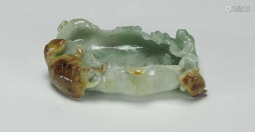 Qing - A Tri-Color Jadeite Carved Lotus Brush Washer