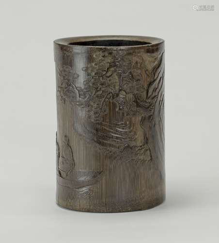 Qing (Gu Zong Yu) Mark-A Bamboo Carved ‘Chibi’ Brush Pot<br>“Bing Shu Chu Zhong, Gu Zo