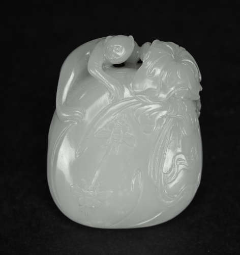 Qing-A Fine Chinese White Jade Carved Monkey And Melon Pendant