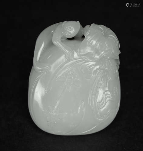 Qing-A Fine Chinese White Jade Carved Monkey And Melon Pendant