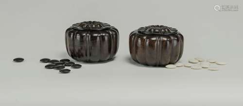 QING-A Pair Of Huanghuali Wei Qi Cover Jars And Qizi