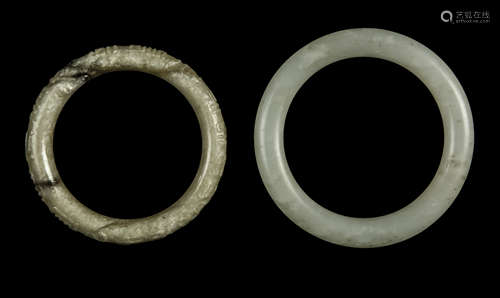 Qing - A White Jade Bangle And Yellow Jade Carved Bangle