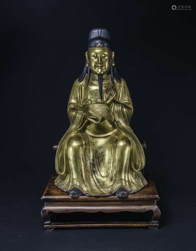 Ming-A Large Gilt-Bronze Figure Of Daoist Official-Tienkuan With Wood Stand