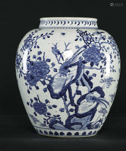 Qing - A Blue And White ‘Brid And Flower’ Jar<br><br>H32.5 cm. (12 3/4 in.)<br>淸<br>青花花鳥罐