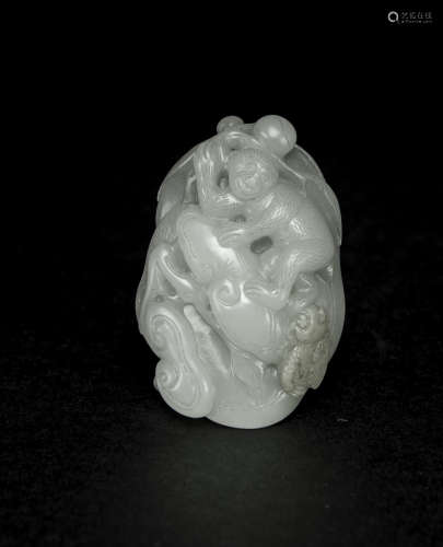 Qing - A Chinese White Jade Carved Monkey And Lingzhi With Stand