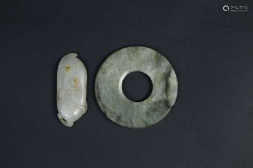Qing - A Chinese Celadon Jade Bi and White Jade Carved Pea Pendant
