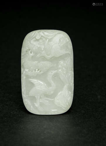 Republic - A Chinese White Jade Carved Pine And Crane With Stand