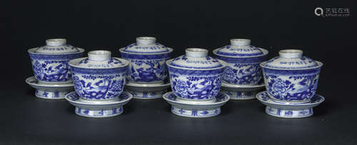 Late Qing-A Set Of Six Blue And White Tea Cups With Covers And Stand