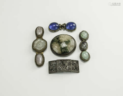 Qing - A Group of Five Belt Buckles<br>With Silver And Gilt-Bronze Insert Gem Stone
