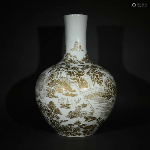 QING D., A FLORAL INLAID GOLD LANDSCAPE FIGURAL VASE