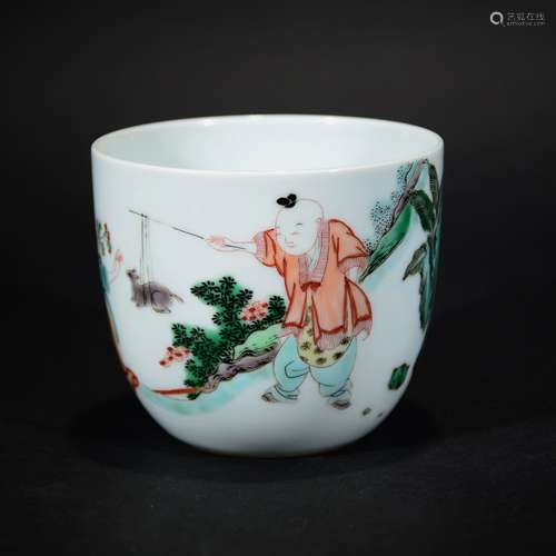 KANGXI MARK, A WUCAI 'BOY' CARVED CUP