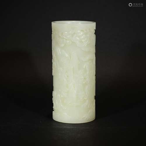 QIANLONG MARK, A WHITE JADE CARVING BEAUTY BRUSHPOT