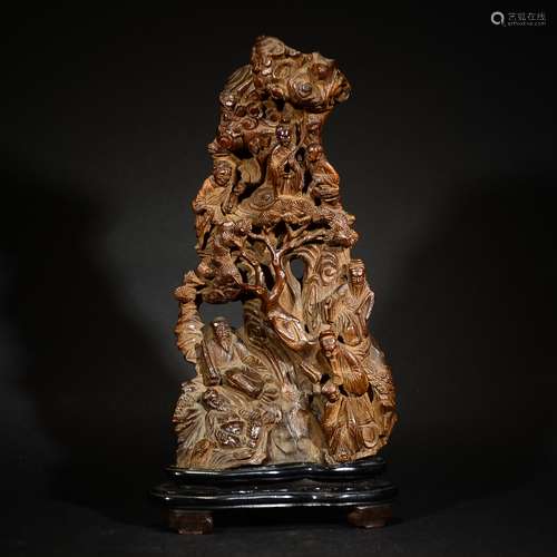 QING D., A WOOD CARVING FIGURAL MOUNTAIN SHAPE ORNAMENT