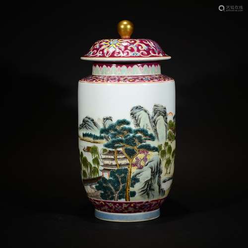 QIANLONG MARK, A FAMILLE ROSE LANDSCAPE FIGURAL LANTERN SHAPE JAR