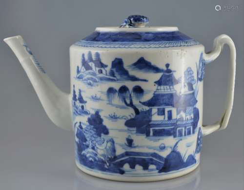 19TH C., A BLUE AND WHITE TEA POT