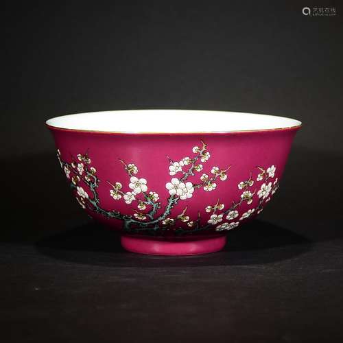 YONGZHENG MARK, A CARMINE CLOISONNE BOWL WITH WINTERSWEET PATTERN