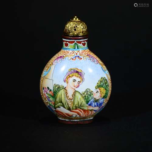 QIANLONG MARK, A CLOISONNE FIGURAL SNUFF BOTTLE