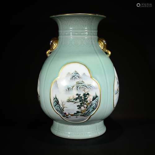 QING D., A LIGHT GREEN GLAZED FAMILLE ROSE LANDSCAPE VASE