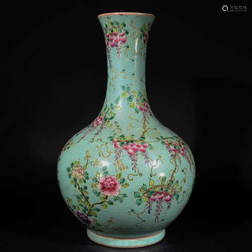 QING D., A GREEN-GROUND VASE OF BIRDS AND FLOWERS