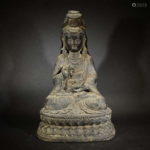 A BRONZE GUANYIN FIGURE STAND