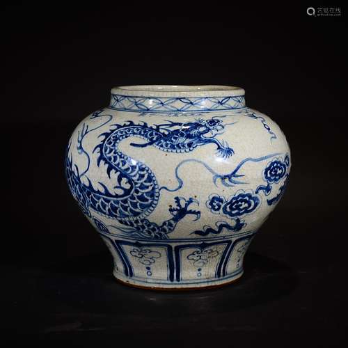 YUAN MARK, A BLUE AND WHITE DRAGON JAR