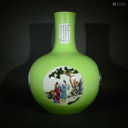 QIANLONG MARK, A LIGHT GREEN-GROUND FAMILLE ROSE FIGURAL VASE